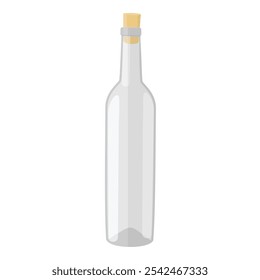 Botella de vidrio vacía con corcho aislado sobre fondo blanco. Ilustración vectorial