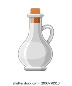 Empty glass bottle with cork stopper for water, wine or oil. Vector illustration isolated on white background