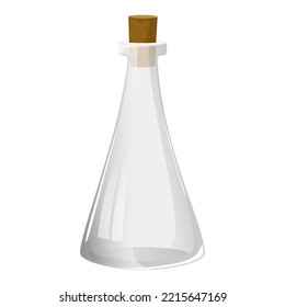 Empty glass bottle with cork stopper for water, wine or oil. Magic blank vessel for potions. Empty jar for milk, vinegar or juice. Flat design vector illustration isolated on white background