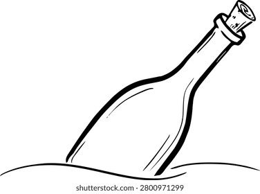 Empty Glass Bottle with Cork Stopper Partially Submerged in Stylized Waves