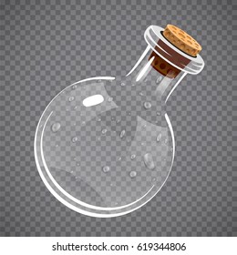 Empty glass bottle. Elixir, potion or chemistry concept. Full transparent. Vector illustration