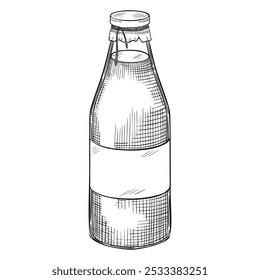 Empty glass Bottle for Milk or any beverage. Vector illustration of transparent packaging with cup for grocery in line are style. Monochrome linear drawing of container for drink. Etching for culinary