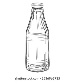 Empty glass Bottle for Milk or any beverage. Vector illustration of transparent packaging with cup for grocery in line are style. Monochrome linear drawing of container for drink. Etching for culinary