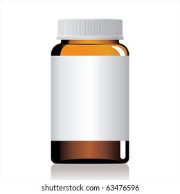 An empty glass bottle of pills.