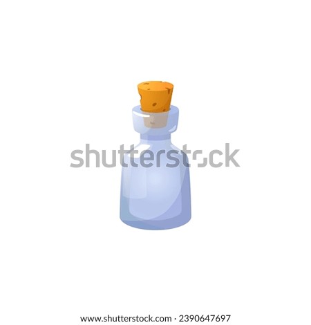 Empty glass bottle for potion with cork, vector game icon isolated on white background. Simple cartoon ui element, small flask or transparent container for liquid. Game object for web interface