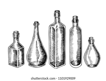 Empty glass bottle vector set. A hand drawn sketch collection of different kind of oil bottles in various shapes.