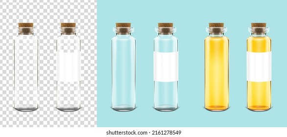 Empty Glass Bottle with Wooden Cork and label on transparent background. Oil, Vinegar, Honey, Apple juice, Apple cider, wine bottle on light blue background ready for your design. Packaging vector