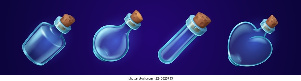 Empty glass bottles, jars with corks for magic potions, elixirs, chemical poisons. Clear flask, vial, tube and beaker isolated on background, vector cartoon illustration