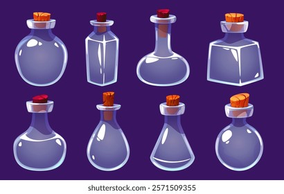 Empty glass bottles with stoppers for magical elixirs. Game ui isolated elements, interface objects. Different forms, shaped transparent jars. Vials for witch and wizard potion. Vector isolated set