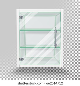 Empty Glass Cabinet Isolated On Transparent Background. Advertising Stand Glass Vector. 3d Empty Glass Showcase For Exhibit And Products