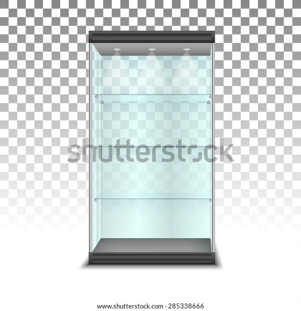 Empty glass cabinet\
with shelves, vector