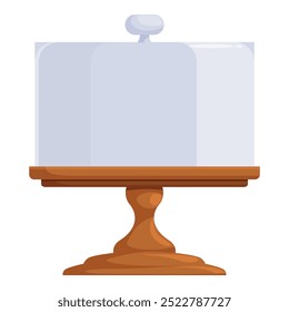 Soporte de tarta de vidrio vacío con tapa sobre base de madera, perfecto para presentar postres