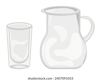 Empty glass and classic jug with handle. Home, restaurant glossy, clear glassware for water and drinks illustration. Cartoon style