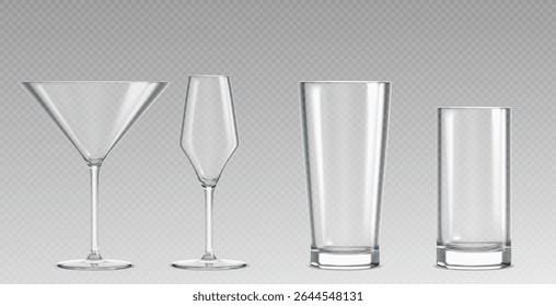Empty glass collection with martini, wine goblet and tall tumblers on transparent background. Clear crystal drinkware set for cocktails, beverages or bar service. Realistic glassware shapes for cafe.