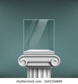 Empty Glass Cube Showcase On An Antique Column. Vector Illustration