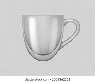 Empty glass cup with handle and double button, dishware for for tea or coffee, vector design illustration. Clean teacup, mug for hot and cold drinks on transparent background