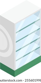 Empty glass display case with multiple shelves and a green base is presented in an isometric view. Offering a versatile storage and presentation solution for various retail or exhibition settings