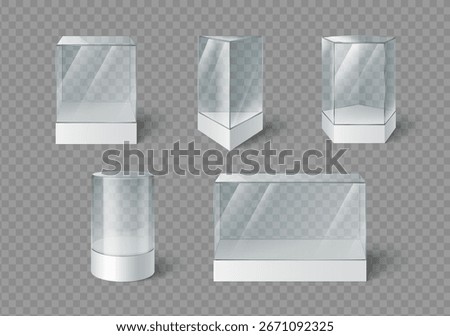 Empty glass display cases with museum box designs - transparent showcases with white bases, rectangular and cylindrical shapes for exhibitions. Professional presentation containers for galleries.