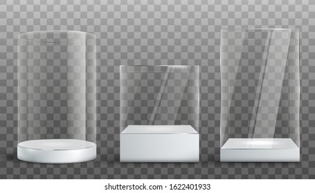 Empty glass display exhibition cases set, realistic vector illustration isolated on transparent background. Various shapes of clear showcases with white pedestal.