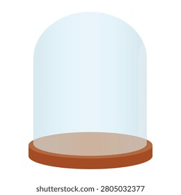 Empty glass dome with wooden base, transparent bell jar vector illustration isolated on white background