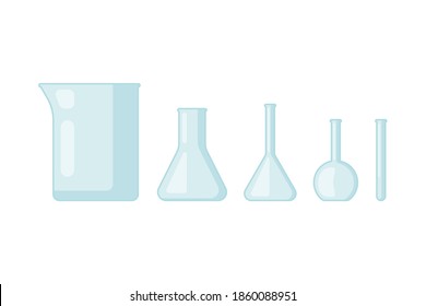 Matraz de vidrio vacío, vaso de precipitado y otros cristales de laboratorio. Conjunto de medición química médica, análisis científico, equipo de ensayo Herramienta de conjunto de ilustraciones vectoriales en estilo plano aislado en fondo blanco