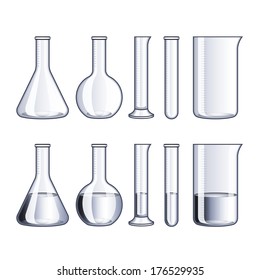 Empty glass flasks and with water isolated on white vector illustration