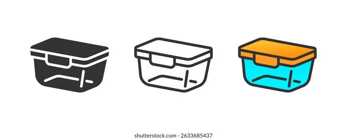 Empty glass food container icon. Cookware pots, lunch box, kitchen bowl vector outline flat and colored illustration.