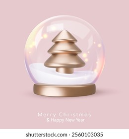 Empty glass globe with snow, gold christmas tree and golden podium, base. Vector illustration isolated on pink. Happy New Year greeting card for party, flyer, banner, web, advertising. Christmas sale
