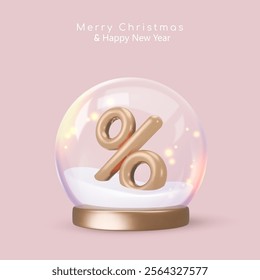 Empty glass globe with snow, gold percent and golden podium, base. Vector illustration isolated on pink. Happy New Year greeting card for party, flyer, banner, web, advertising. Christmas sale