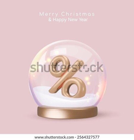 Empty glass globe with snow, gold percent and golden podium, base. Vector illustration isolated on pink. Happy New Year greeting card for party, flyer, banner, web, advertising. Christmas sale