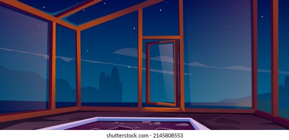 Leeres Glas-Gewächshaus mit offener Tür in der Nacht. Vektorgrafik-Illustration des leeren Innenraums von heißem Haus, Orangerie mit braunem Rahmen und leerer Blüte im Inneren