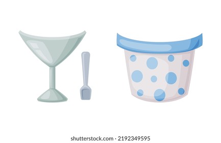 Empty Glass Ice Cream Bowl And Cup As Container For Dessert Vector Set