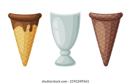 Empty Glass Ice Cream Cup and Waffle Cone as Container for Dessert Vector Set