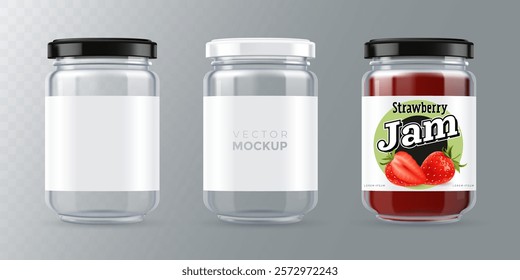 Empty glass jar with black and white lid. Transparent jar mockup with space for your label design. Ideal for product presentation - jam, preserves, snacks, candies. Vector illustration