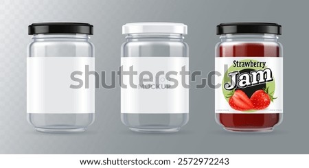 Empty glass jar with black and white lid. Transparent jar mockup with space for your label design. Ideal for product presentation - jam, preserves, snacks, candies. Vector illustration