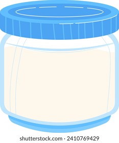 Empty glass jar with blue lid, clear container for food storage illustration. Kitchen utensils and food preservation vector illustration.