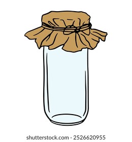 empty glass jar with craft paper cover isolated on white background, hand drawn doodle illustration. Home container. Vector color bottle for menu, cookbook, recipe, poster design.