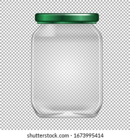 Empty glass jar with green lid on transparent background illustration
