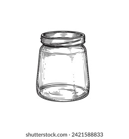 Empty glass jar. Hand drawn sketch drawing in old fashioned vintage style. Vector illustration isolated on white.