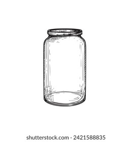 Empty glass jar. Hand drawn sketch drawing in old fashioned vintage style. Vector illustration isolated on white.