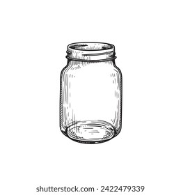 Empty glass jar. Hand drawn sketch drawing in old fashioned vintage style. Vector illustration isolated on white.