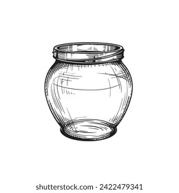 Empty glass jar. Hand drawn sketch drawing in old fashioned vintage style. Vector illustration isolated on white.