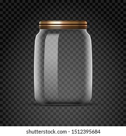 Empty glass jar isolated on transparent background. White lid bottle jar with metal cap.