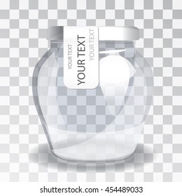 Empty glass jar with a label on a transparent background. The new packaging design. Vector illustrations. Realistic vector object.