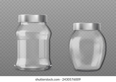 Empty glass jar with metal lid. Realistic vector illustration set of transparent clear close with silver cap container for food storage and canning. Blank kitchen package mockup.