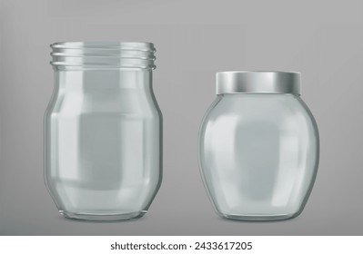 Empty glass jar with screw and metal lid. Realistic vector illustration set of transparent clear open and close with silver cap container for food storage and canning. Blank kitchen package mockup.