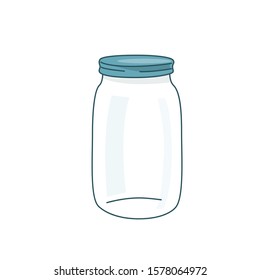 Empty glass jar vector illustration with lid. Cap close blank mason bottle. Simple flat cartoon background.