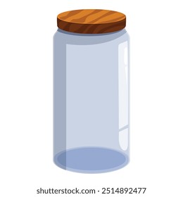 Empty glass jar with a wooden lid is standing up, ready to be filled with something delicious or beautiful