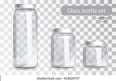 Empty glass jars of different sizes on a transparent background. Set of cans for drinks and juices. The new packaging design. Containers for diet drinks