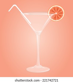 Empty glass for martini with grapefruit and plastic tube on pink background